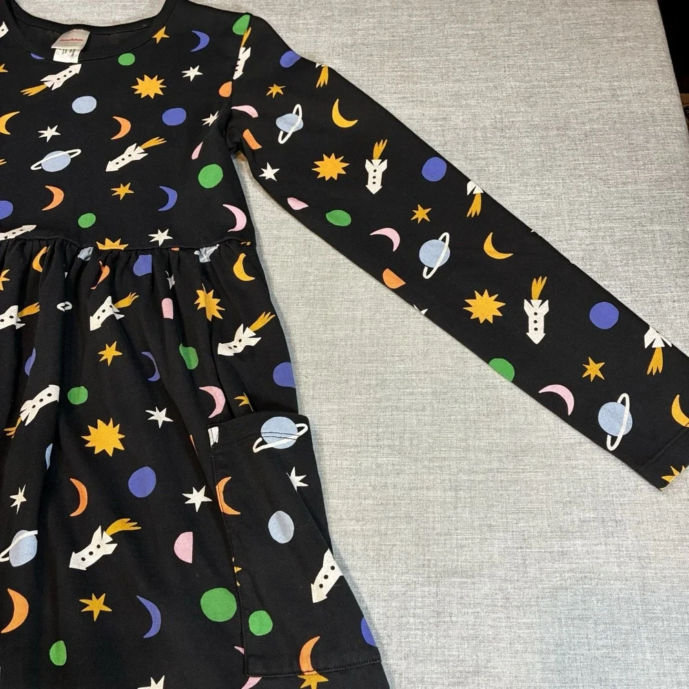 Hanna Andersson Black Space Twirl Dress Rocket, Planets, Stars Girls size 12